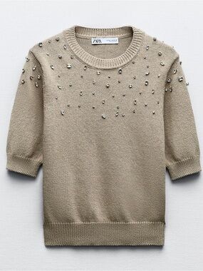 Zara Crystal-Embellished Short Sleeve Crewneck Sweater in Beige